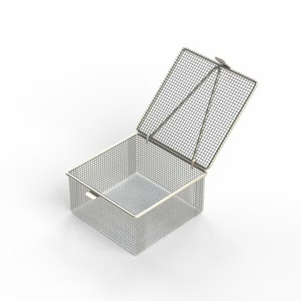 Light Duty Basket: 6Lx6Wx3H, 304 SS, Hinged Lid with Thumb Clasp, No Handles, Mesh: 4 x .032, Anysizebasket, Mfr#: FLB-060060030-L04S